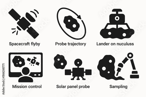 Space Mission Icons. Solid style icons of space missions to comets: spacecraft flyby, probe trajectory, lander on nucleus, mission