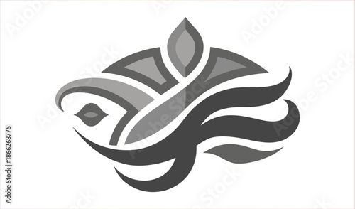 Abstract Geometric Floral Emblem with Swirling Petals and Leaves in Monochromatic Tones