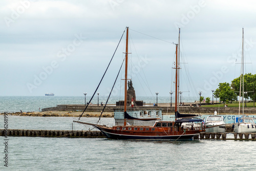 July 28, 2025: Yacht parking along the waterfront in Novorossiysk, Russia, with moored yachts near the coastline, reflecting maritime life and the Black Sea harbor atmosphere