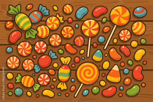 Colorful Candy Spill. Assorted candies spilling across a rustic wooden surface, bright and colorful tones, playful vector