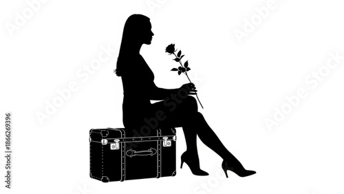 Woman sitting on a suitcase holding a rose in her hand
