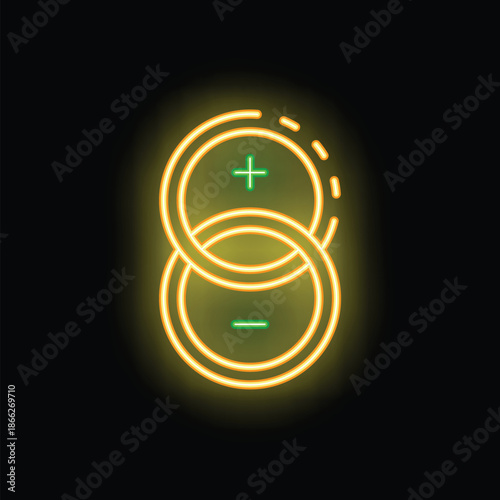 Neon sign is glowing in the dark, representing the concept of polarity with a plus and a minus symbol