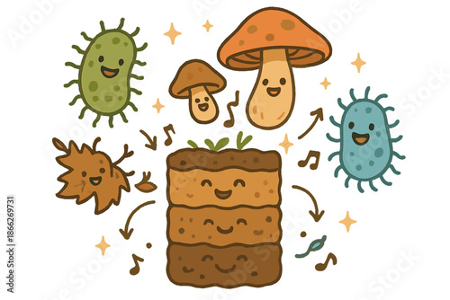 Cheerful Decomposition Dance. Playful doodle decay experiment diagram with cheerful organisms, cartoon fungi and bacteria dancing,