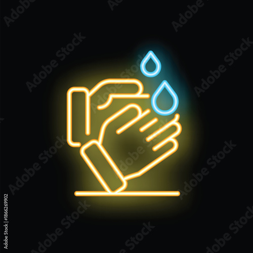 Neon sign depicting the concept of washing hands with water drops falling, promoting hygiene and cleanliness