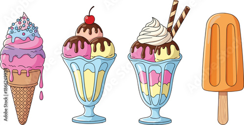 Ice cream dessert vector illustration set, sundae glass, waffle cone, popsicle, sweet frozen summer treats