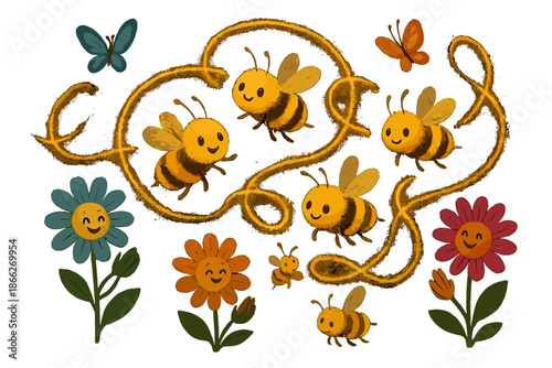 Bee Dance Celebration. Bee waggle dance party with bees tracing glowing paths, flowers clapping, and butterflies joining in No