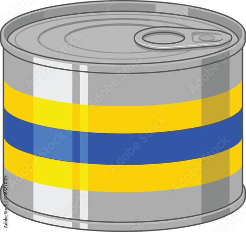 Metal food can vector illustration, canned product packaging with yellow blue label, isolated grocery storage icon
