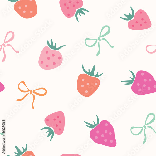 Strawberry and Bows seamless pattern. Vector Gift bows, Colorful berries, cute fruit seamless print for fabric or wrapping paper design.
