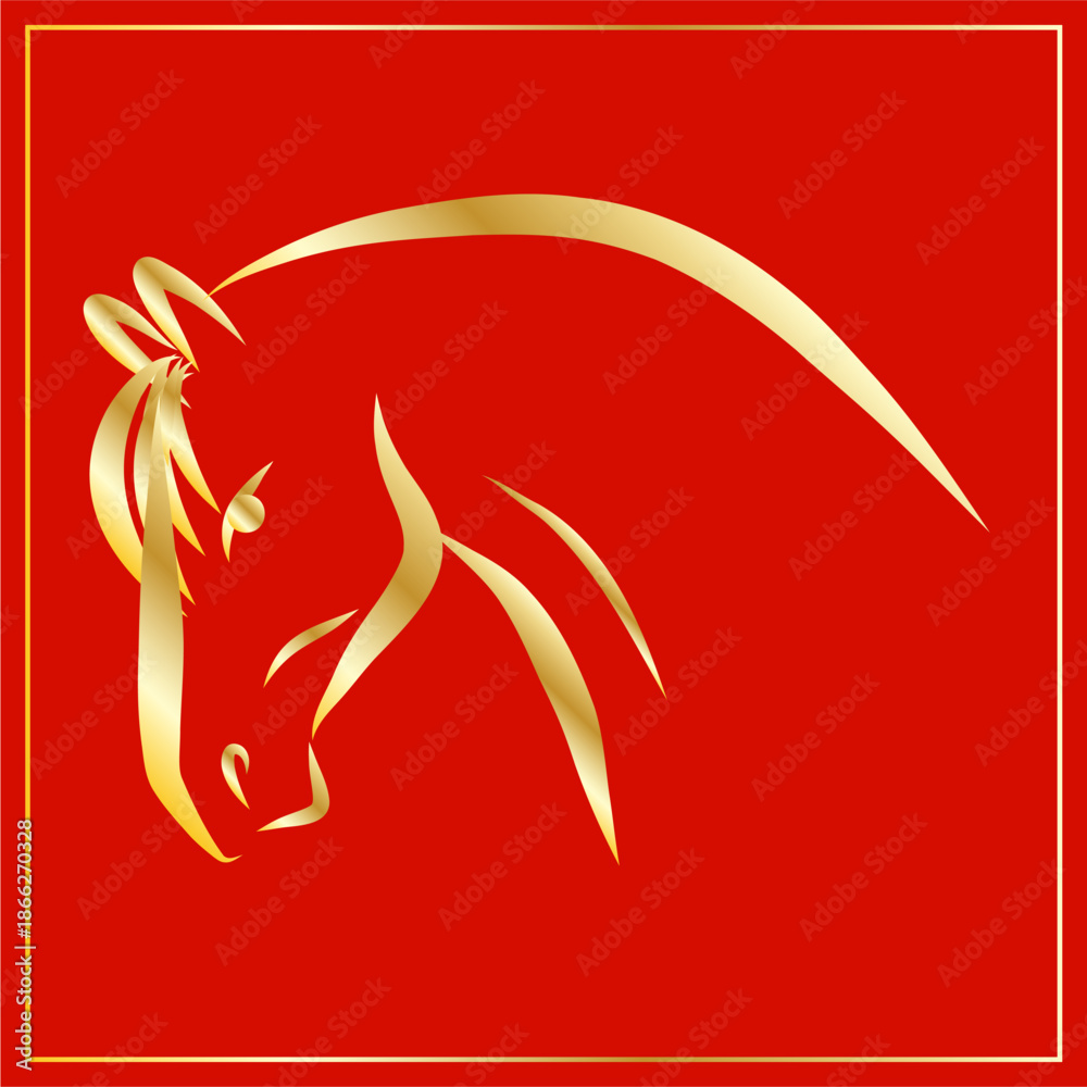 Obraz premium Lunar New Year Mascot Horse Portrait. Calendar Mascot Animal Art. Gold Horse Outline Ink Silhouette Sketch Drawn. Hand Crafted China Zodiac Sign Contour. Greeting Gift Card Decoration Design