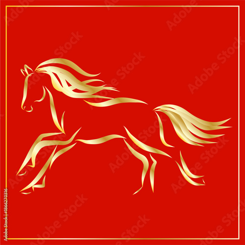 Lunar New Year Mascot Horse Portrait. Calendar Mascot Animal Art. Gold Horse Outline Ink Silhouette Sketch Drawn. Hand Crafted China Zodiac Sign Contour. Greeting Gift Card Decoration Design