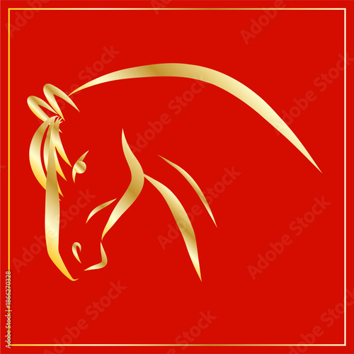 Lunar New Year Mascot Horse Portrait. Calendar Mascot Animal Art. Gold Horse Outline Ink Silhouette Sketch Drawn. Hand Crafted China Zodiac Sign Contour. Greeting Gift Card Decoration Design