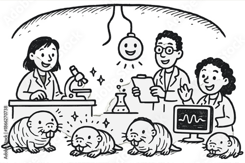 Subterranean Lab Delight. Friendly doodle subterranean physiology lab with happy researchers, cartoon mole-rats with faces,