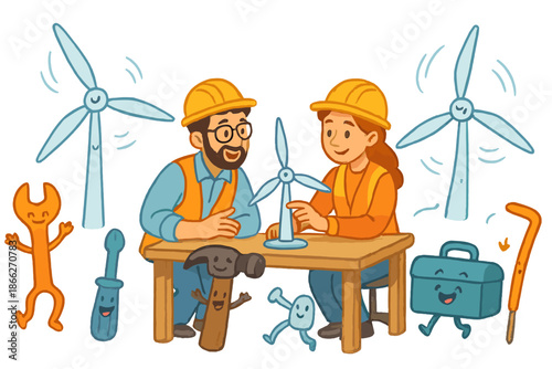 Dancing Turbine Workshop. Wind turbine workshop with happy engineers, friendly tools, and turbines practicing spinning like