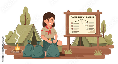 Young Girl Scout Engaged in Campsite Cleanup Activity.