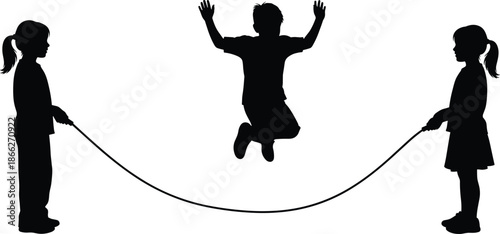 Silhouette of three children playing jump rope together, showcasing teamwork, coordination, childhood fun, and outdoor physical activity scene.