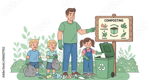 Family learning about composting and recycling together.