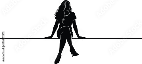 Silhouette of stylish woman sitting on bench in relaxed pose wearing dress and heels, elegant fashion vector for design use