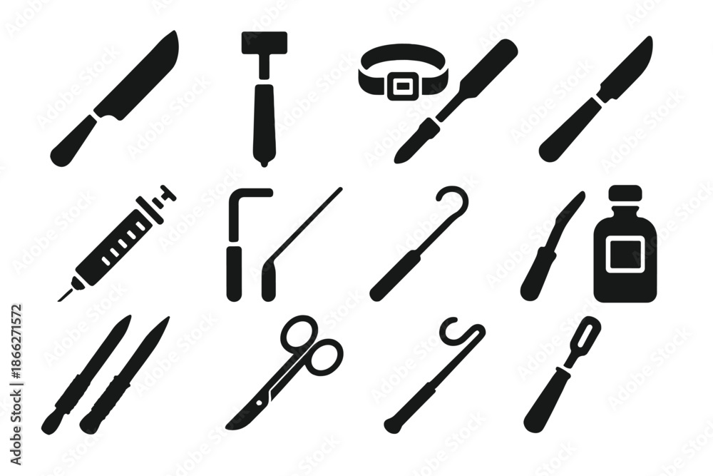 Fototapeta premium Antique Medical Tools Icons. Solid style icons of Antique Medical Tools: Amputation Knife, Trephine, Tourniquet, Lancet, Glass