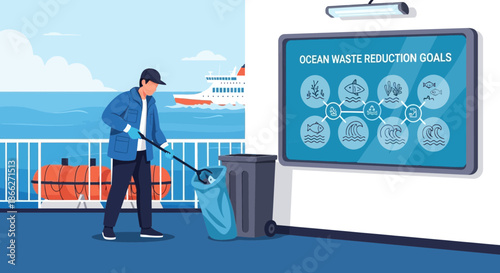 Man cleaning deck of ship promoting ocean waste reduction goals.