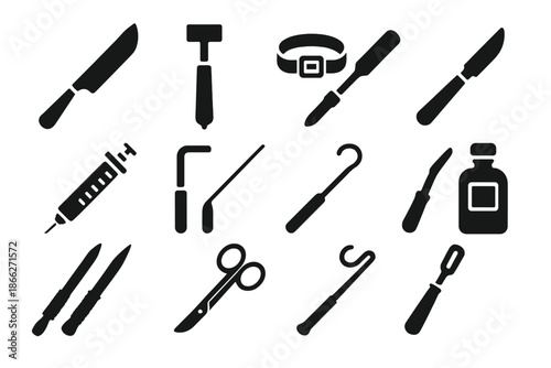 Antique Medical Tools Icons. Solid style icons of Antique Medical Tools: Amputation Knife, Trephine, Tourniquet, Lancet, Glass