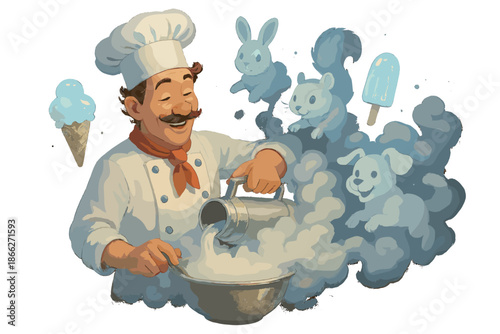 Magical Culinary Creations. Chef using liquid nitrogen with clouds of smoke turning into playful animals and glowing frozen treats