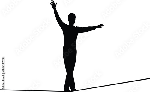 Silhouette of person balancing on tightrope, metaphor for risk, focus, challenge, precision, courage, success, determination, and mental strength