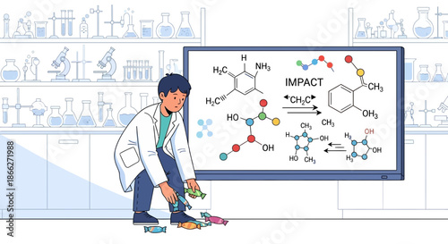 Scientist working on chemical formulas and molecular structures.