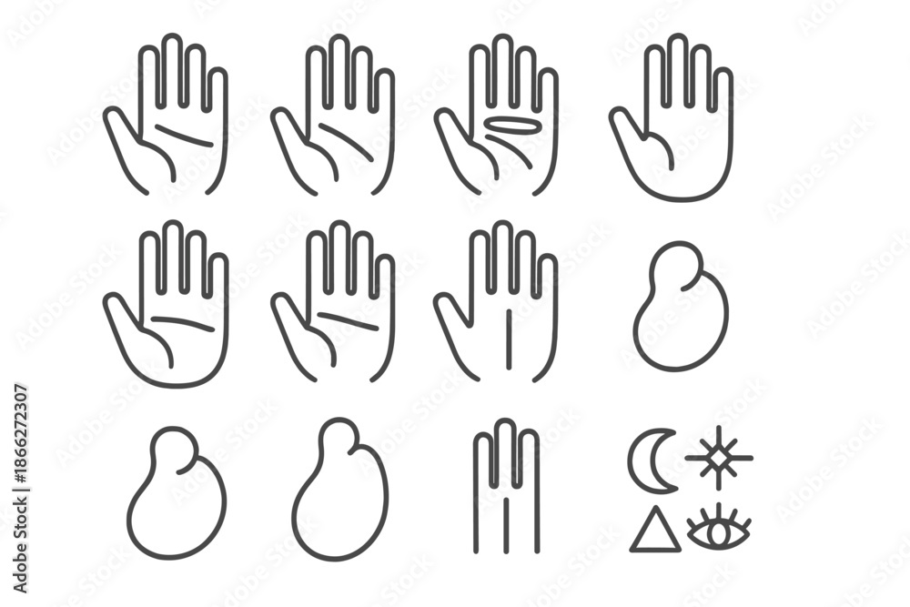 Fototapeta premium Divination Tool Icons. Line style icons of Divination Tools: Palm Lines, Life Line, Hand Mounts, Fortune Telling; Heart Line, Head