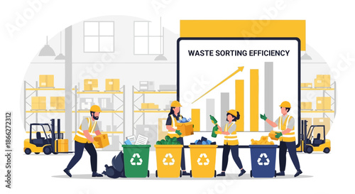 Workers sorting waste for recycling efficiency in a warehouse.