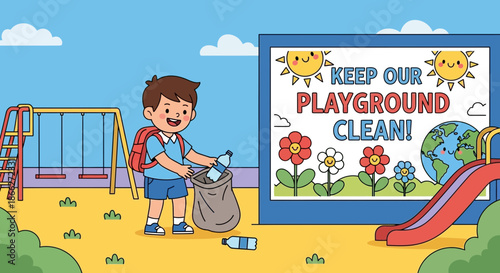 Young boy actively collecting litter in a park promoting cleanliness and environmental responsibility.