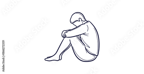 Depressed Lonely Person Sitting Huddled Sadness Anxiety Mental Health Outline Vector Illustration