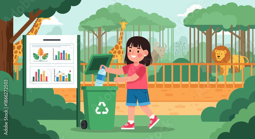 Young girl actively recycling plastic bottle in a green bin.