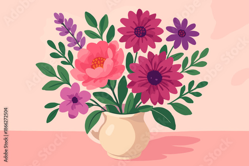 Floral Elegance Display. Elegant flat lay of colorful flowers arranged in a ceramic vase, vibrant vector illustration pinks and