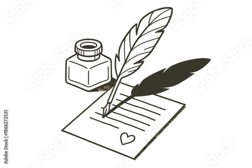 Quill and Letter. Vintage inkwell and feather quill casting shadow over love letter, first in line style with thin outline, second