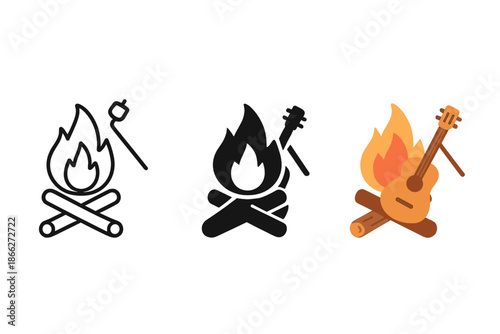 Campfire Trio Styles. A campfire with flames, a guitar, a marshmallow on a stick, first in line style with thin outline, second in