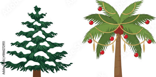 Christmas holiday trees set with snow covered pine and decorated tropical palm with ornaments and festive garlands illustration