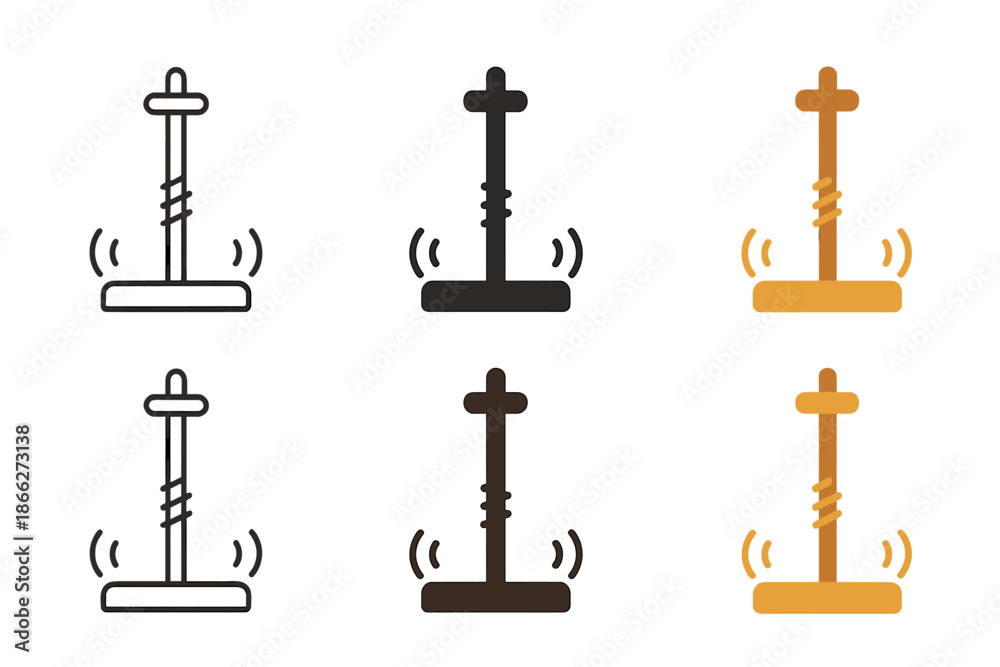 Fototapeta premium Wooden Fire Drill Icons. Wooden friction fire drill with spinning spindle and hearth board, minimal vector icon, first in line