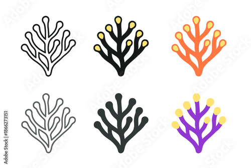 Stylized Coral Variations. Nootropic-inspired coral with radiant tips and interwoven structures, clean minimal vector design,