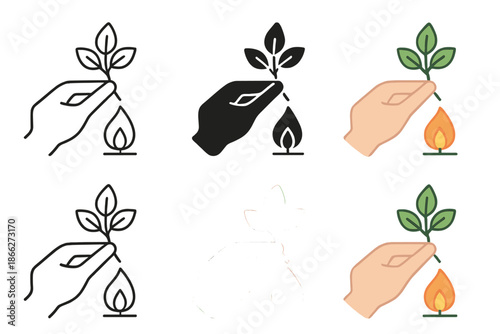 Plant Edibility Test. Plant sample being held over small flame for traditional edibility test, abstract minimal vector