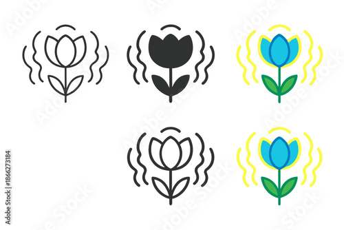 Sonic Flower Waves. Sonic-responsive flower with glowing waves around petals, abstract minimal vector design, first in line style