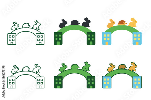 Colorful Overpass Icons. Green overpass connecting city blocks with small animals crossing, minimal vector icon, first in line