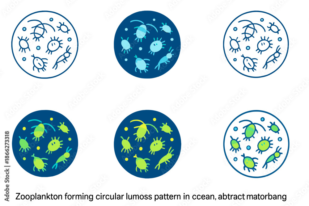 Obraz premium Luminous Zooplankton Patterns. Zooplankton forming circular luminous pattern in ocean, abstract minimalist vector illustration,