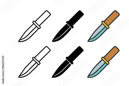 Knife Grind Variations. Knife blade showing precise grind geometry with clear bevel lines, minimal vector icon, first in line