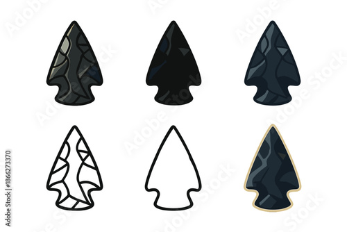 Volcanic Glass Arrowhead Icons. Sharp arrowhead made from dark volcanic glass with glossy facets, minimal vector icon, first in
