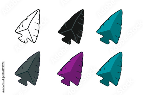 Obsidian Arrowhead Styles. Obsidian arrowhead angled to show thickness and sharp edge, abstract minimalist vector illustration,