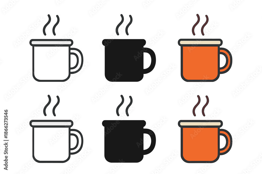 Obraz premium Enamel Mug Icons. Enamel mug with steam rising, suitable for outdoor camping scene, clean geometric minimal icon, first in line