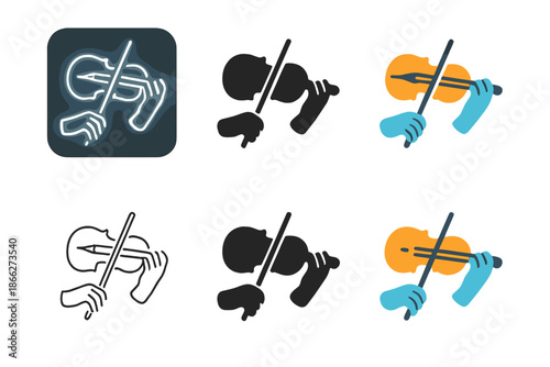 Invisible Orchestra Icons. Invisible limb orchestra with subtle glowing outlines of hands and instruments, clean minimal vector