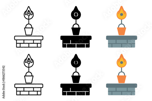 Abstract Well Design. Close-up of stone well rim with hanging bucket and pulley, abstract minimal vector design, first in line