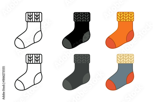 Stylish Winter Socks. Side view of warm knitted sock suitable for winter, abstract minimal vector design, first in line style with
