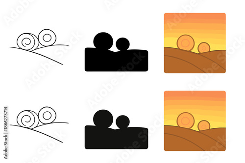 Sunset Over Hay Bales. Two hay bales on rolling hill with gradient sunset horizon, minimal countryside silhouette showing peace